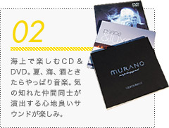 02 海上で楽しむCD & DVD。夏、海、酒ときたらやっぱり音楽。気の知れた仲間同士が演出する心地良いサウンドが楽しみ。